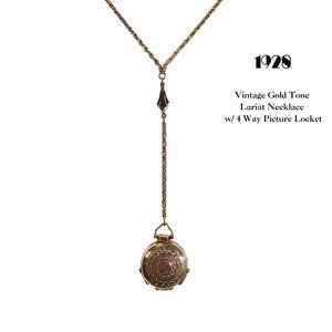 1928 Vintage Gold Tone 4 Way Round Photo Locket Lariat Y-Drop 24" Necklace
